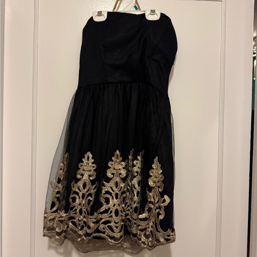 Windsor Strapless Dress with Black and Gold Embroidery